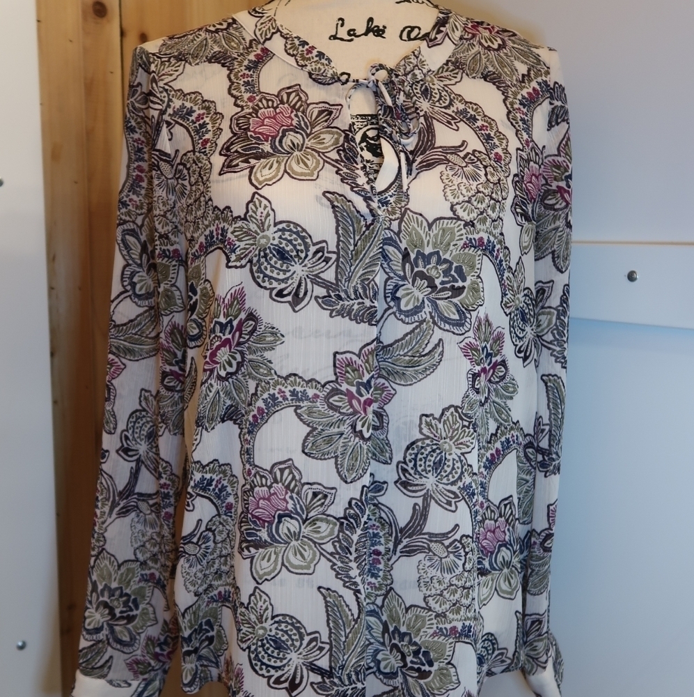 Banana Republic Factory Floral Paisley Tie Neck Blouse Boho Career Top M - Picture 4 of 11